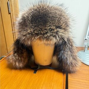 Vintage Real Fur & BrownLeather Aviator/Trapper Hat